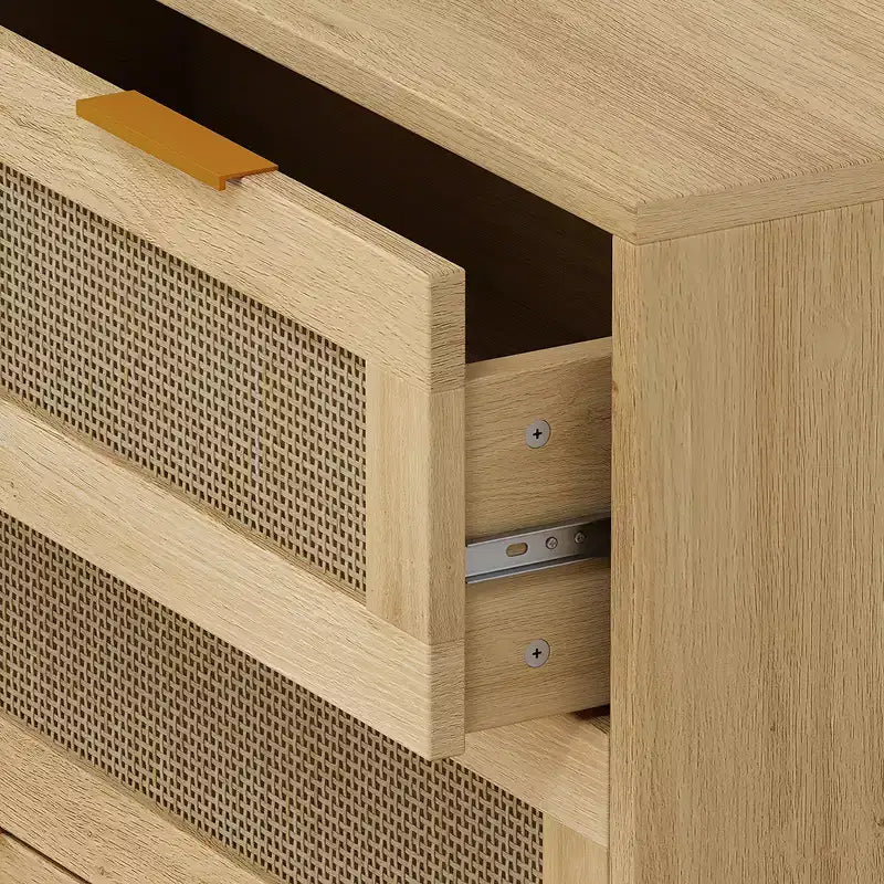 Commode à 3 tiroirs, armoire de rangement de cuisine avec 3 tiroirs profonds en rotin, buffet avec poignée en fer