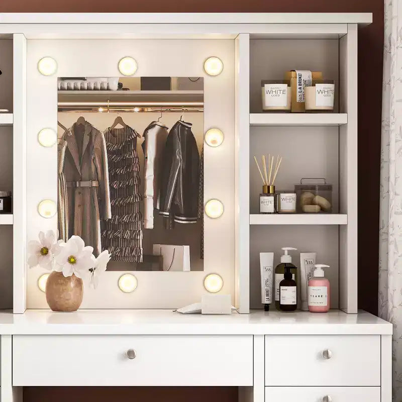 Make-up Schminktisch mit 11 Schubladen, Nachttisch mit Touch-Steuerung, dimmbarer LED-Spiegel, versteckte Verkabelung  