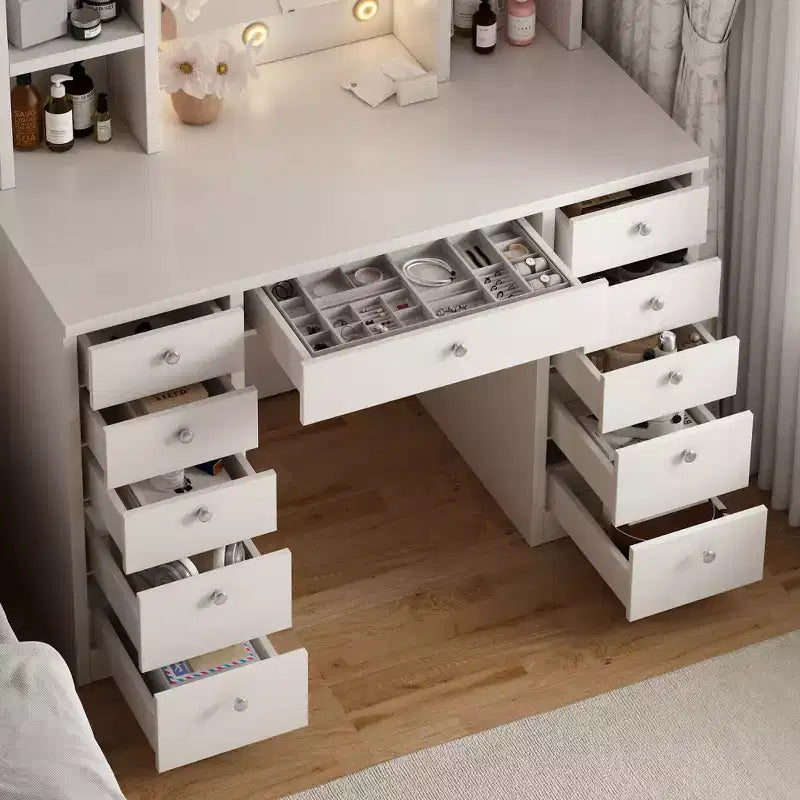 Make-up Schminktisch mit 11 Schubladen, Nachttisch mit Touch-Steuerung, dimmbarer LED-Spiegel, versteckte Verkabelung  