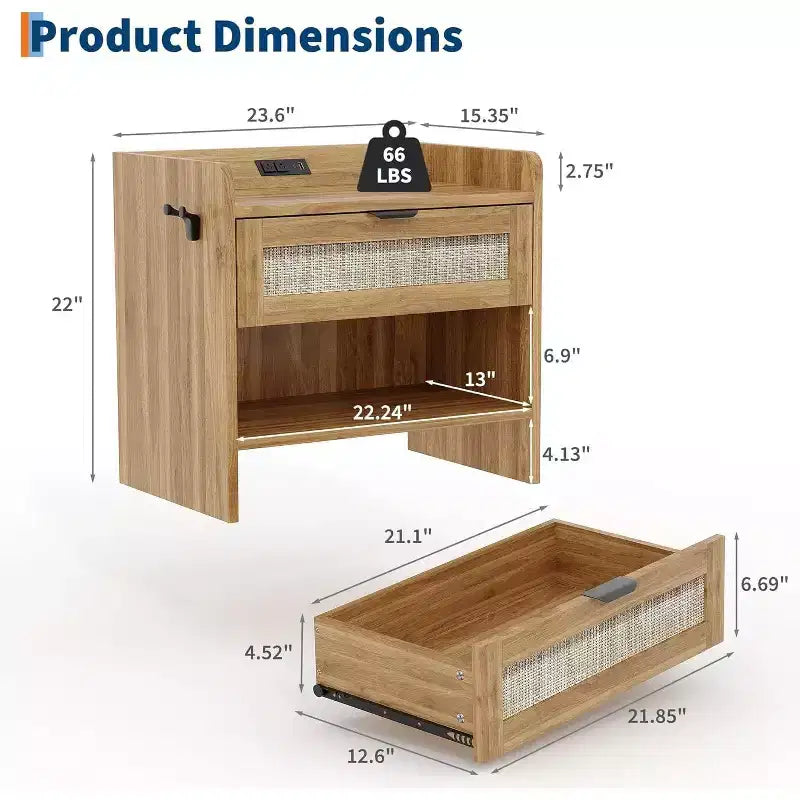 Wicker Nightstand with Type-C Charging Station, Boho Bedside Table with Drawer and Open Compartment for Bedroom