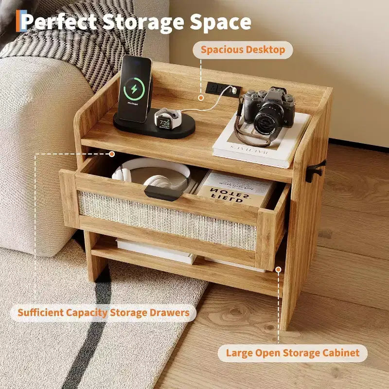 Wicker Nightstand with Type-C Charging Station, Boho Bedside Table with Drawer and Open Compartment for Bedroom