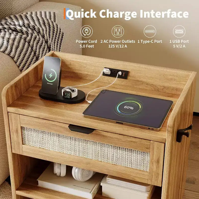 Wicker Nightstand with Type-C Charging Station, Boho Bedside Table with Drawer and Open Compartment for Bedroom