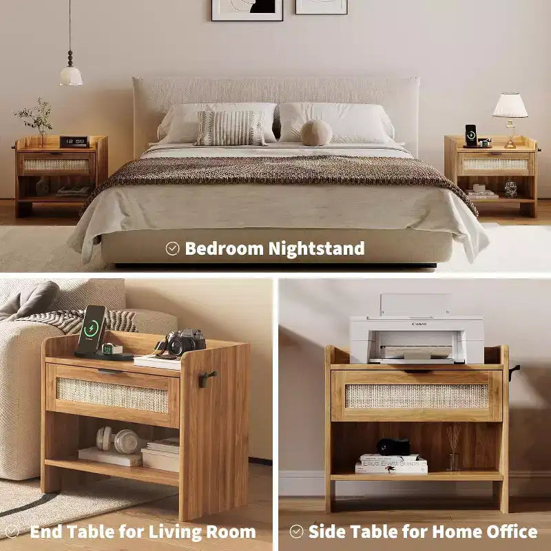 Wicker Nightstand with Type-C Charging Station, Boho Bedside Table with Drawer and Open Compartment for Bedroom
