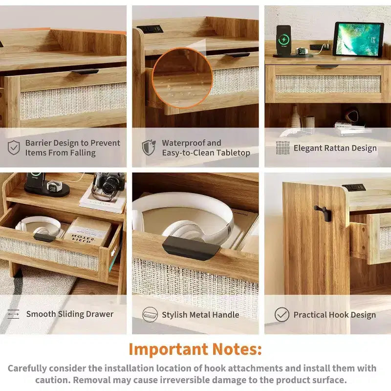 Wicker Nightstand with Type-C Charging Station, Boho Bedside Table with Drawer and Open Compartment for Bedroom