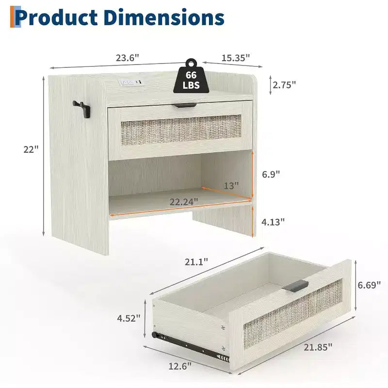 Wicker Nightstand with Type-C Charging Station, Boho Bedside Table with Drawer and Open Compartment for Bedroom
