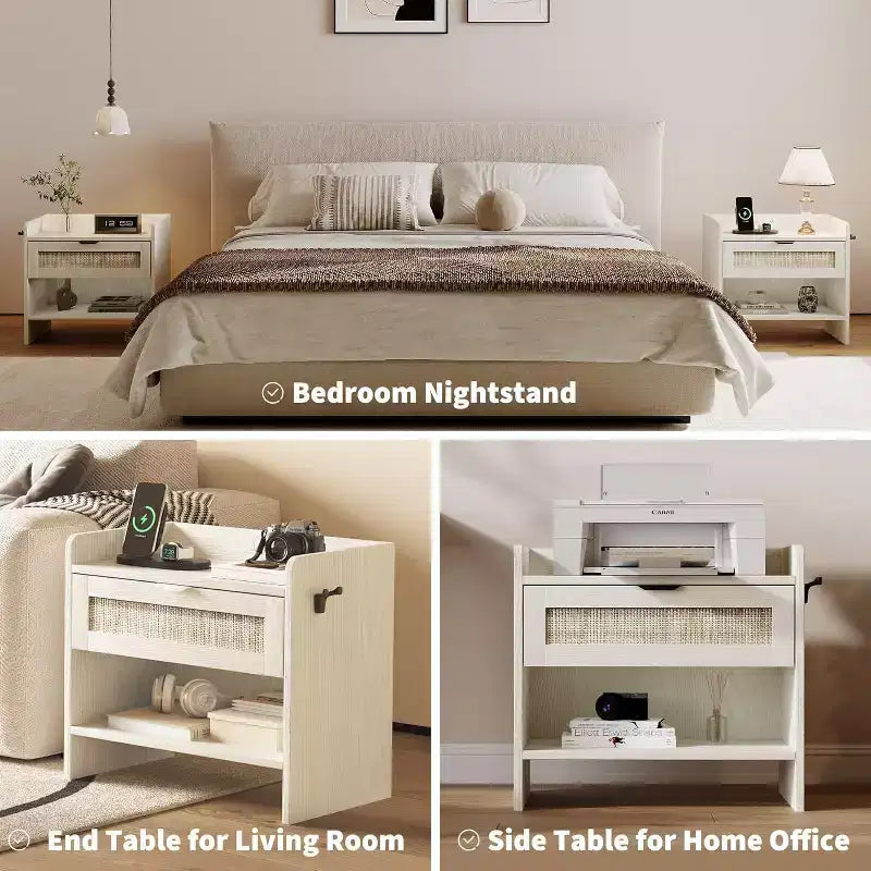 Wicker Nightstand with Type-C Charging Station, Boho Bedside Table with Drawer and Open Compartment for Bedroom