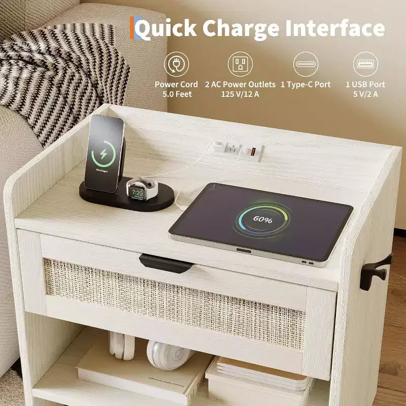 Wicker Nightstand with Type-C Charging Station, Boho Bedside Table with Drawer and Open Compartment for Bedroom