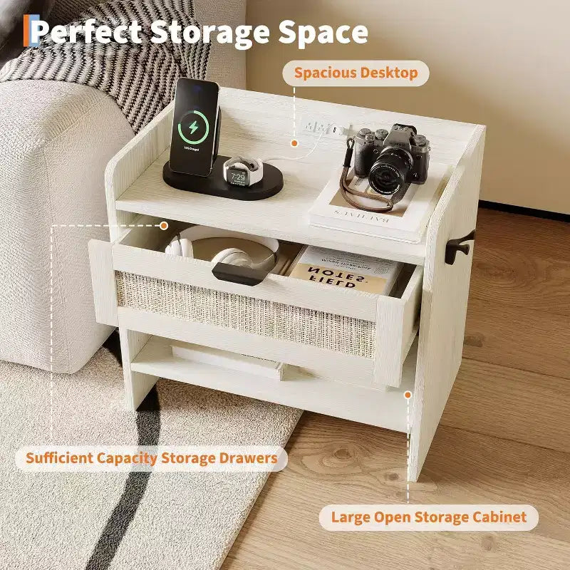 Wicker Nightstand with Type-C Charging Station, Boho Bedside Table with Drawer and Open Compartment for Bedroom