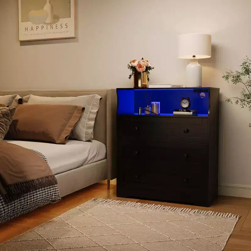 Petit commode pour chambre, placard ou chevet avec 3 tiroirs, commodes en bois avec station de charge et lumières LED, commode en bois pour salon  