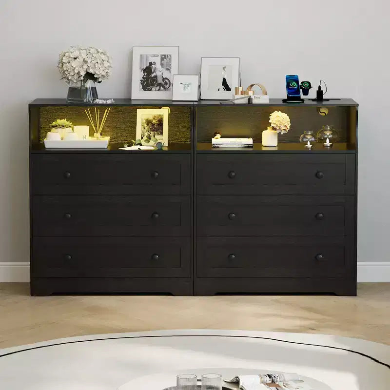 Petit commode pour chambre, placard ou chevet avec 3 tiroirs, commodes en bois avec station de charge et lumières LED, commode en bois pour salon  