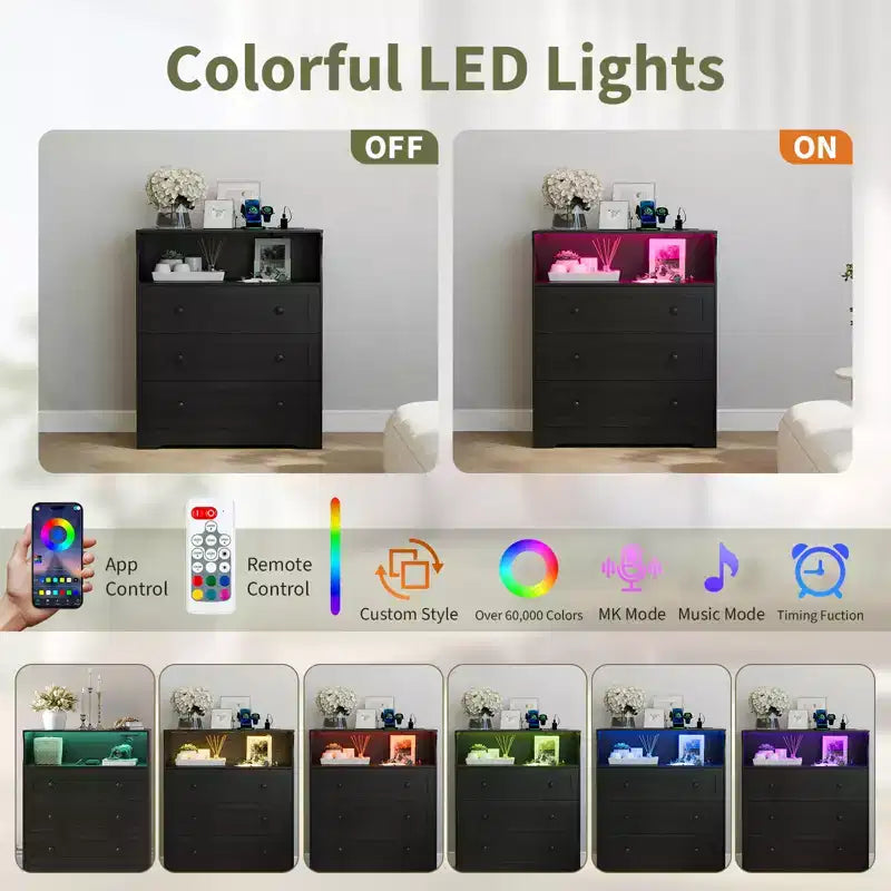 Petit commode pour chambre, placard ou chevet avec 3 tiroirs, commodes en bois avec station de charge et lumières LED, commode en bois pour salon  