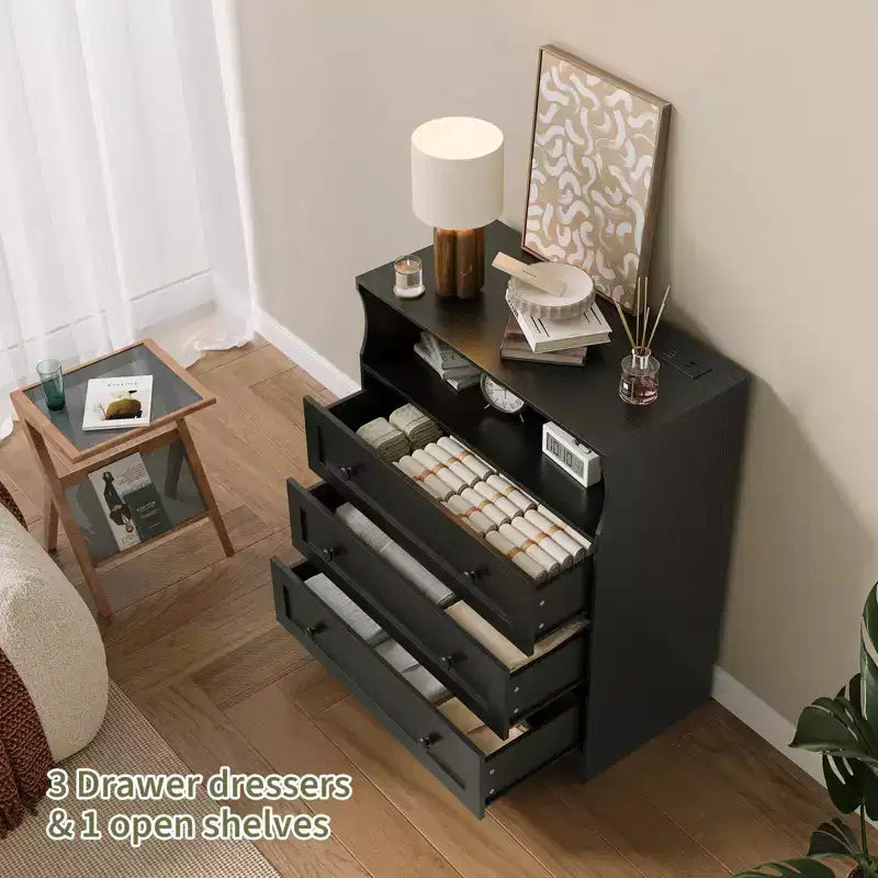 Petit commode pour chambre, placard ou chevet avec 3 tiroirs, commodes en bois avec station de charge et lumières LED, commode en bois pour salon  