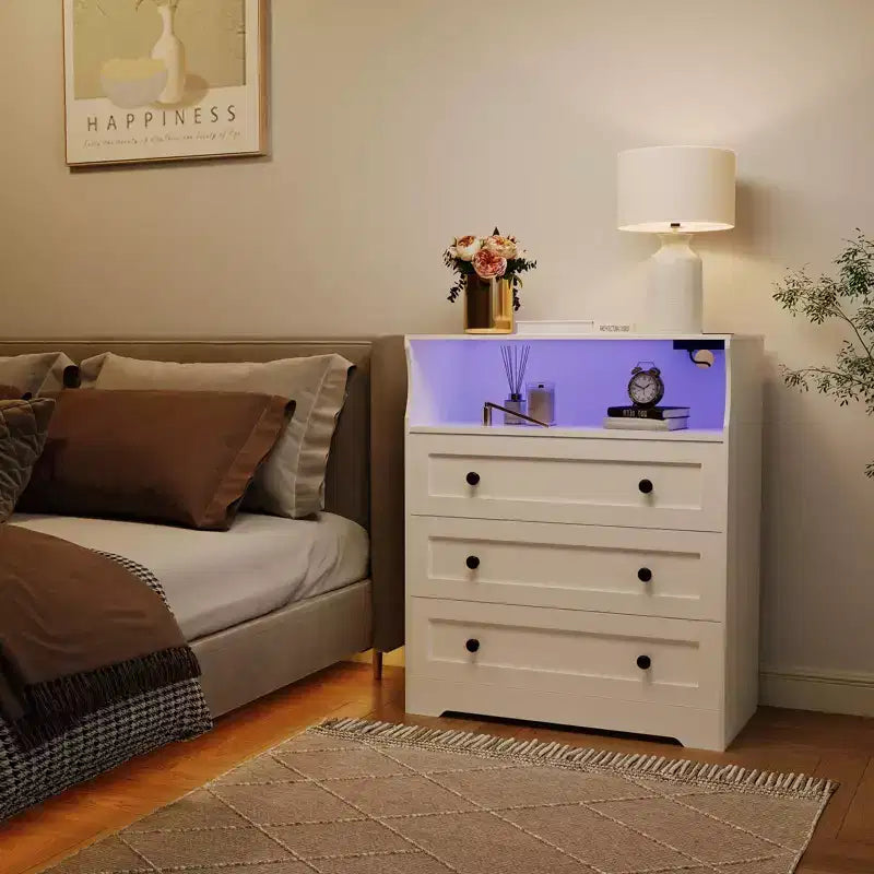 Petit commode pour chambre, placard ou chevet avec 3 tiroirs, commodes en bois avec station de charge et lumières LED, commode en bois pour salon  