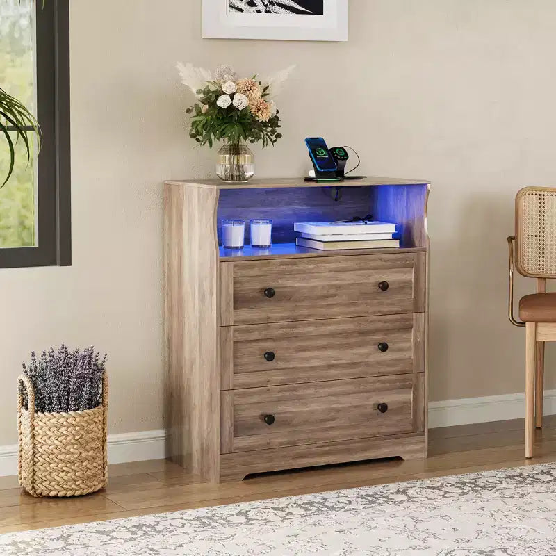 Petit commode pour chambre, placard ou chevet avec 3 tiroirs, commodes en bois avec station de charge et lumières LED, commode en bois pour salon  