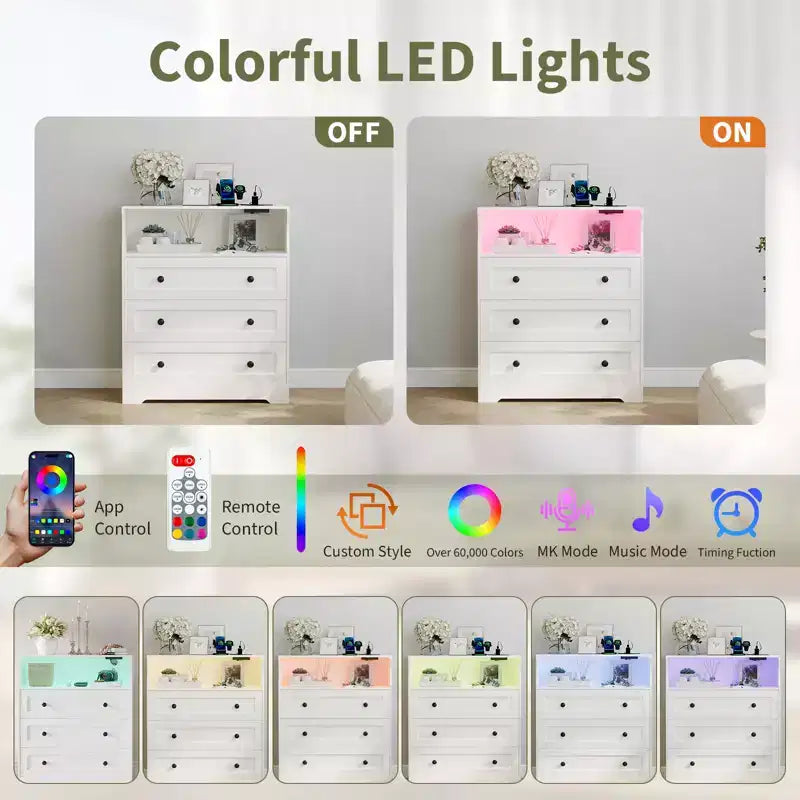 Petit commode pour chambre, placard ou chevet avec 3 tiroirs, commodes en bois avec station de charge et lumières LED, commode en bois pour salon  