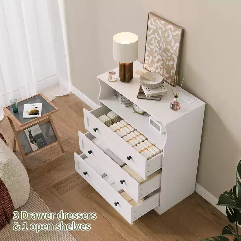 Petit commode pour chambre, placard ou chevet avec 3 tiroirs, commodes en bois avec station de charge et lumières LED, commode en bois pour salon  