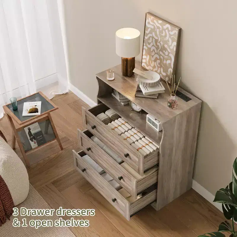 Petit commode pour chambre, placard ou chevet avec 3 tiroirs, commodes en bois avec station de charge et lumières LED, commode en bois pour salon  