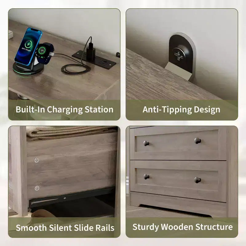 Petit commode pour chambre, placard ou chevet avec 3 tiroirs, commodes en bois avec station de charge et lumières LED, commode en bois pour salon  