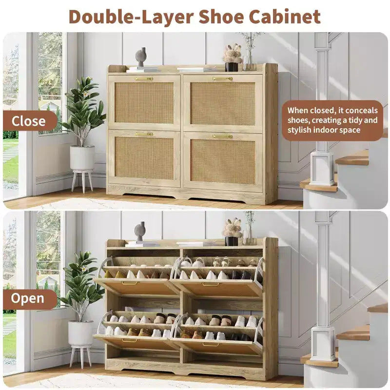 4 Kapaklı Ayakkabı Dolabı, Rattan Gizli Ayakkabı Düzenleyici, Koridor, Oturma Odası ve Daire için Bağımsız Ayakkabı Rafı Dolabı