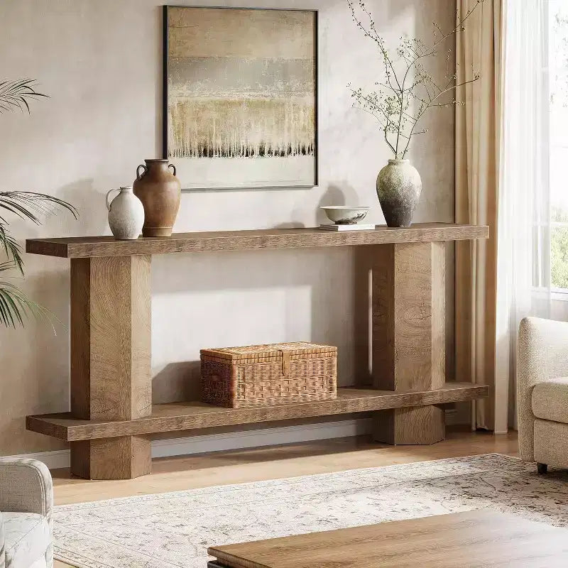 Table console longue pour entrée, table en bois derrière canapé, pour salon, couloir, hall, couleur burlywood  