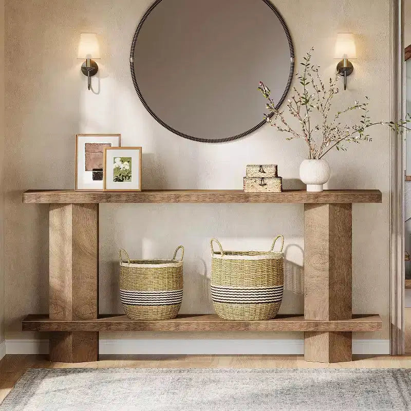Table console longue pour entrée, table en bois derrière canapé, pour salon, couloir, hall, couleur burlywood  