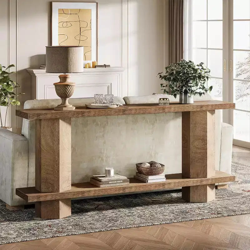 Table console longue pour entrée, table en bois derrière canapé, pour salon, couloir, hall, couleur burlywood  