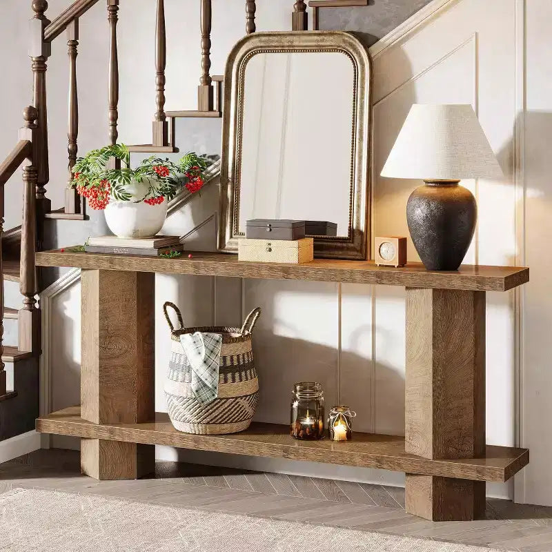 Table console longue pour entrée, table en bois derrière canapé, pour salon, couloir, hall, couleur burlywood  
