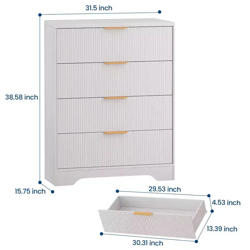 4 Çekmeceli Flütlü Yatak Odası Şifonyeri, 98 cm Yüksekliğinde Modern Şifonyer, Altın Metal Kulplu Geniş Çekmeceli Dolap, Koridor, Dolap için