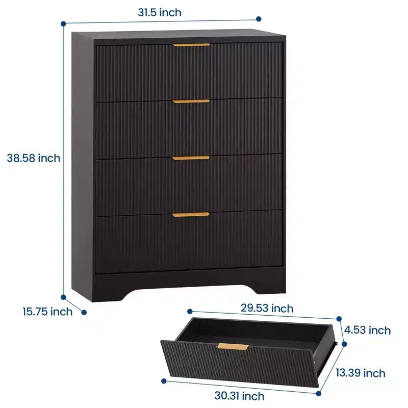 4 Çekmeceli Flütlü Yatak Odası Şifonyeri, 98 cm Yüksekliğinde Modern Şifonyer, Altın Metal Kulplu Geniş Çekmeceli Dolap, Koridor, Dolap için