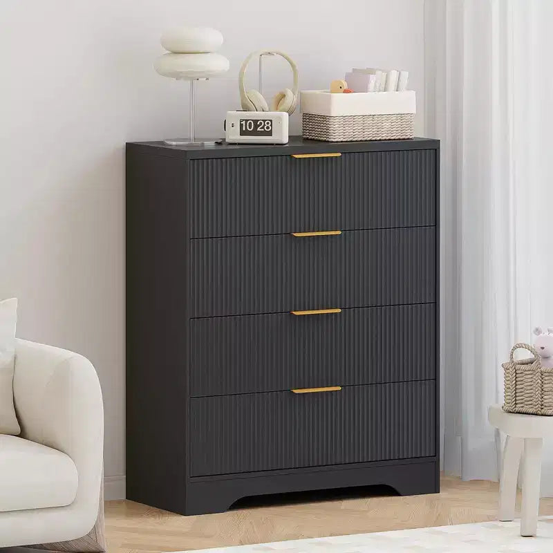 4 Çekmeceli Flütlü Yatak Odası Şifonyeri, 98 cm Yüksekliğinde Modern Şifonyer, Altın Metal Kulplu Geniş Çekmeceli Dolap, Koridor, Dolap için