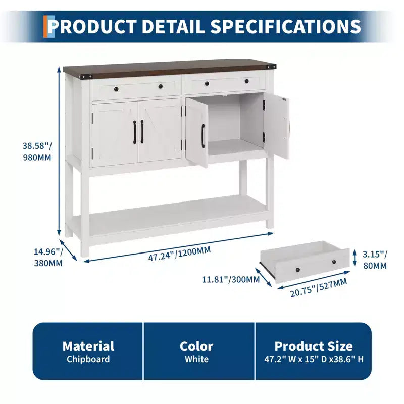 Table d'entrée de style rustique avec 2 tiroirs, 4 portes et étagères ouvertes, buffet étroit parfait pour cuisines, couloirs ou salons  