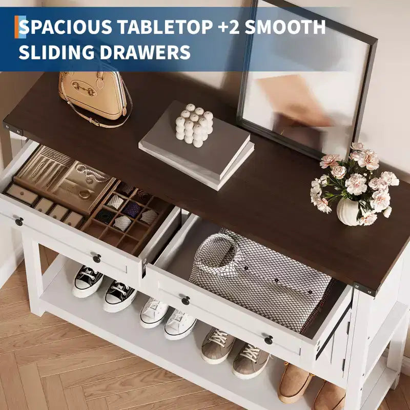 Table d'entrée de style rustique avec 2 tiroirs, 4 portes et étagères ouvertes, buffet étroit parfait pour cuisines, couloirs ou salons  