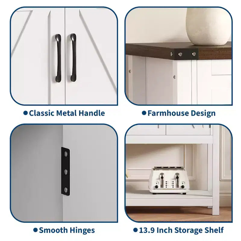 Table d'entrée de style rustique avec 2 tiroirs, 4 portes et étagères ouvertes, buffet étroit parfait pour cuisines, couloirs ou salons  