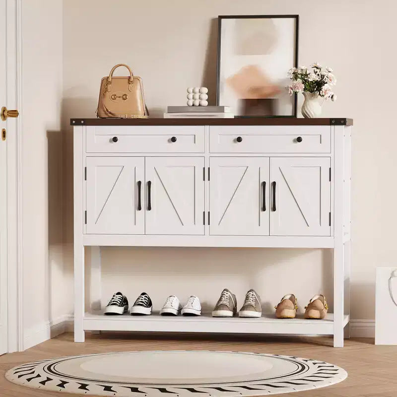 Table d'entrée de style rustique avec 2 tiroirs, 4 portes et étagères ouvertes, buffet étroit parfait pour cuisines, couloirs ou salons  