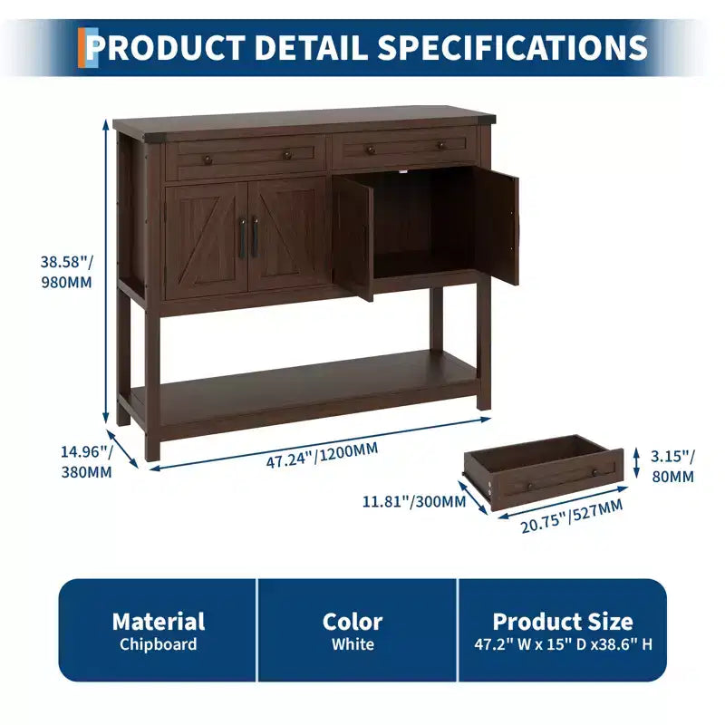 Table d'entrée de style rustique avec 2 tiroirs, 4 portes et étagères ouvertes, buffet étroit parfait pour cuisines, couloirs ou salons  
