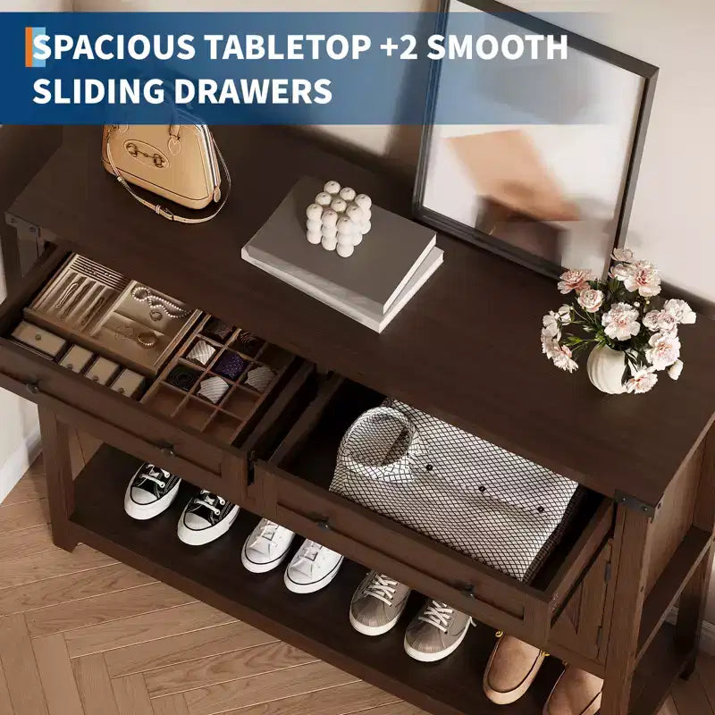 Table d'entrée de style rustique avec 2 tiroirs, 4 portes et étagères ouvertes, buffet étroit parfait pour cuisines, couloirs ou salons  