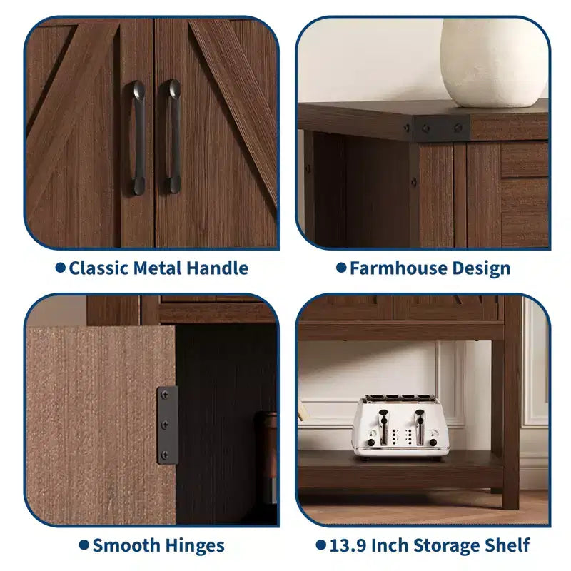Table d'entrée de style rustique avec 2 tiroirs, 4 portes et étagères ouvertes, buffet étroit parfait pour cuisines, couloirs ou salons  