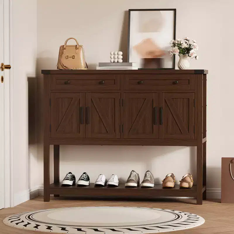 Table d'entrée de style rustique avec 2 tiroirs, 4 portes et étagères ouvertes, buffet étroit parfait pour cuisines, couloirs ou salons  