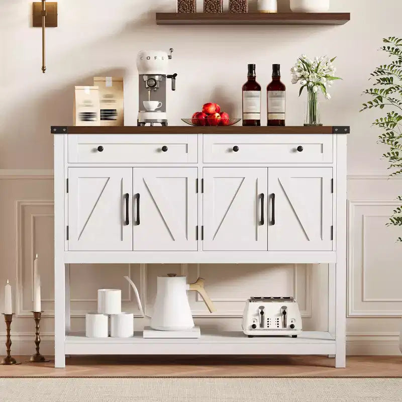 Table d'entrée de style rustique avec 2 tiroirs, 4 portes et étagères ouvertes, buffet étroit parfait pour cuisines, couloirs ou salons  