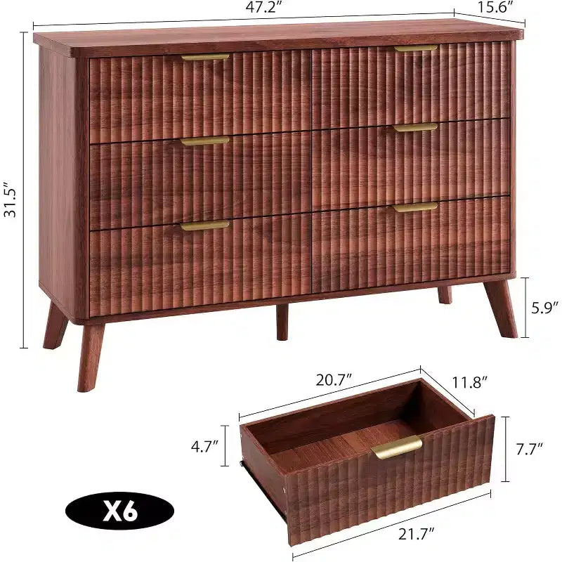 Cómoda para dormitorio con 6 cajones, cómoda de 47.2 pulgadas de ancho con diseño de perfil curvo  