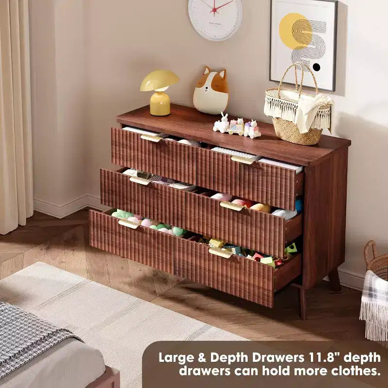 Cómoda para dormitorio con 6 cajones, cómoda de 47.2 pulgadas de ancho con diseño de perfil curvo  
