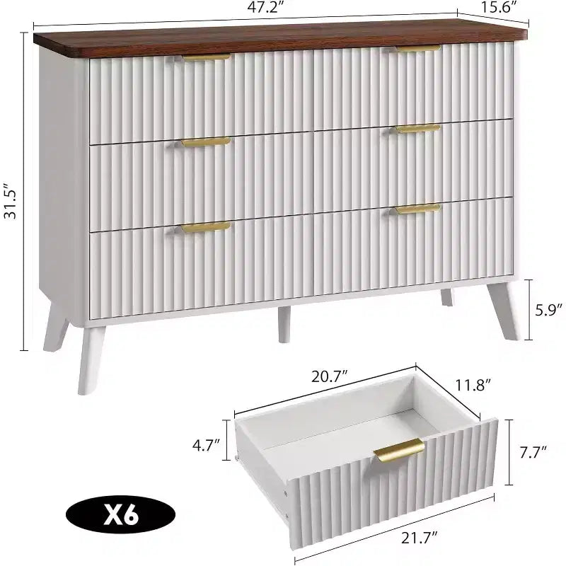 Cómoda para dormitorio con 6 cajones, cómoda de 47.2 pulgadas de ancho con diseño de perfil curvo  