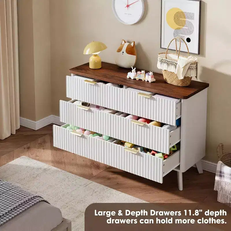 Cómoda para dormitorio con 6 cajones, cómoda de 47.2 pulgadas de ancho con diseño de perfil curvo  