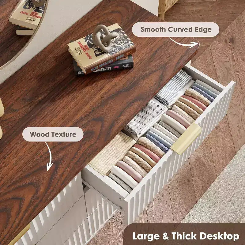 Cómoda para dormitorio con 6 cajones, cómoda de 47.2 pulgadas de ancho con diseño de perfil curvo  