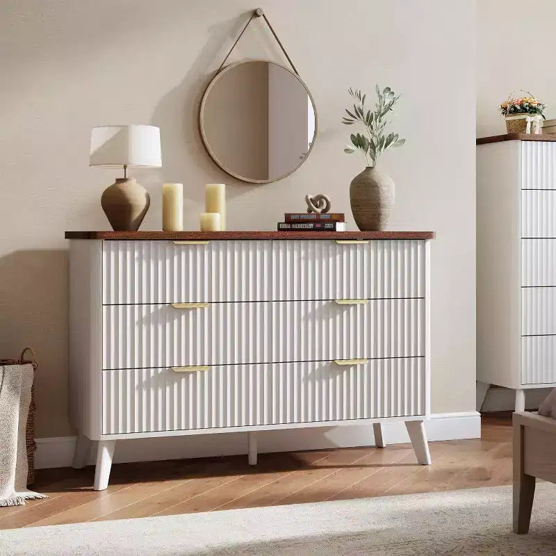 Cómoda para dormitorio con 6 cajones, cómoda de 47.2 pulgadas de ancho con diseño de perfil curvo  
