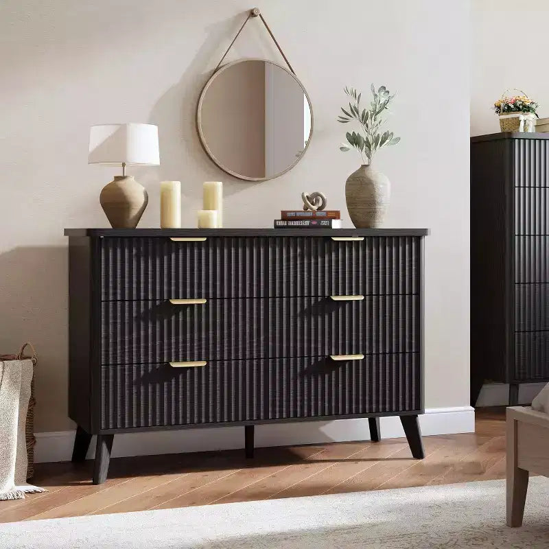 Cómoda para dormitorio con 6 cajones, cómoda de 47.2 pulgadas de ancho con diseño de perfil curvo  