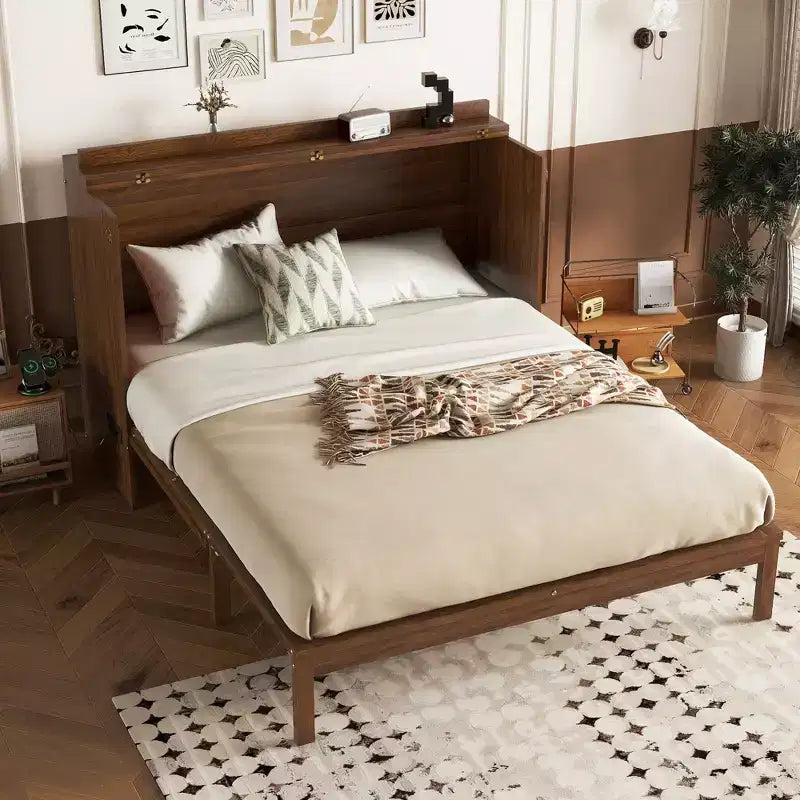 Queen Boy Yatak, Güç İstasyonu ve Rattan Dekorasyon Panelli Çam Ağacı Dolap Yatak, Ceviz  