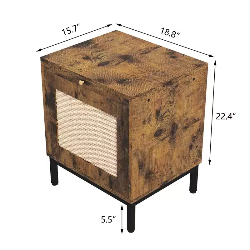 Table de chevet en bois avec porte en rotin, construction durable, design élégant, pour chambre et salon