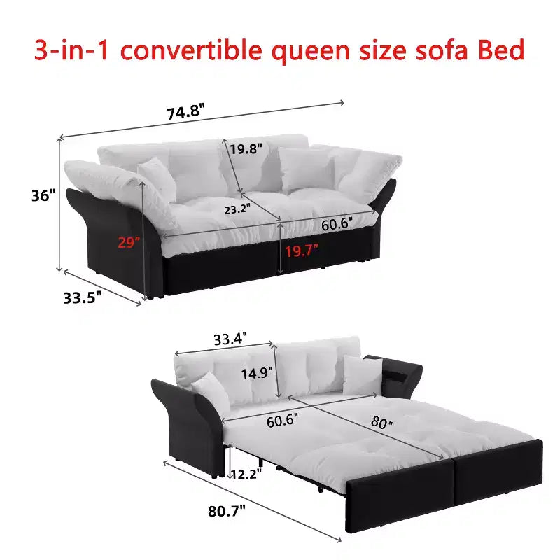 Sofá cama extraíble tamaño queen, sofá cama convertible 3 en 1 con capitoné y 2 almohadas suaves, terciopelo azul