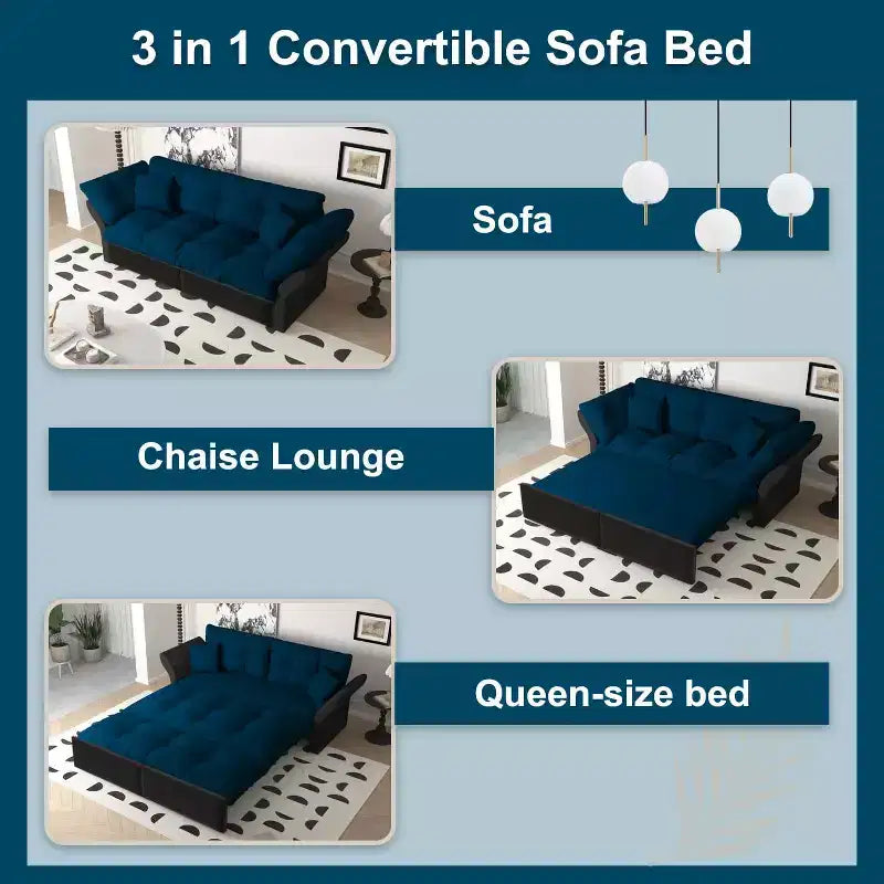 Sofá cama extraíble tamaño queen, sofá cama convertible 3 en 1 con capitoné y 2 almohadas suaves, terciopelo azul